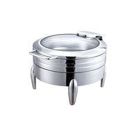 Close-up view of a stainless steel chafing dish with a glass lid on a white background.