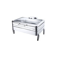 A rectangular stainless steel chafing dish on a white background, featuring a clear glass lid for easy viewing of contents.