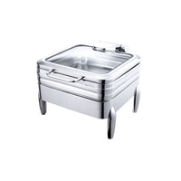  A stainless steel chafing dish with a polished finish and a rectangular glass lid, sitting on a white background.