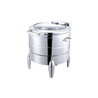  A round stainless steel chafing dish with a glass lid sits on a white background.