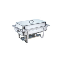 Close-up view of a stainless steel chafing dish with a lid on a white background.