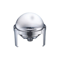 A close-up photo of a stainless steel round chafing dish with a roll-top lid on a white background.