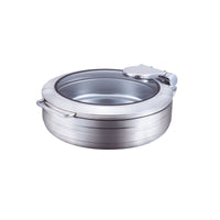  A round stainless steel induction chafing dish with a clear glass lid sits on a white background.