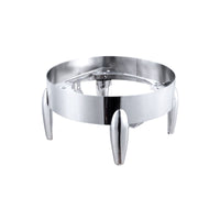 Round stainless steel chafing dish base on a white background.