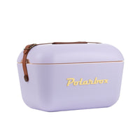 An image of a Polarbox 12L Classic Cooler Box is shown, featuring a lilac and yellow color combination. The cooler box is equipped with a sturdy leather strap for easy transportation.