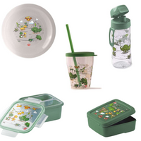 Snips Dino Adventure Kids Collection: Flat Plate 23.5 cm, Sandwich Box 500 ml, Lunch Box 800 ml, Water Bottle 500 ml, and Cup 350 ml with Lid & Straw Set - Al Makaan Store