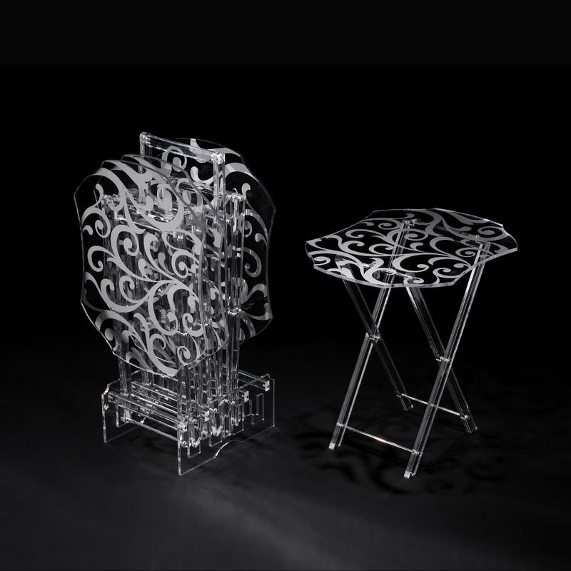 Vague Acrylic 4 Wavy Rectangular Coffee Tables with Stand Set Palm Sides Printing - Al Makaan Store