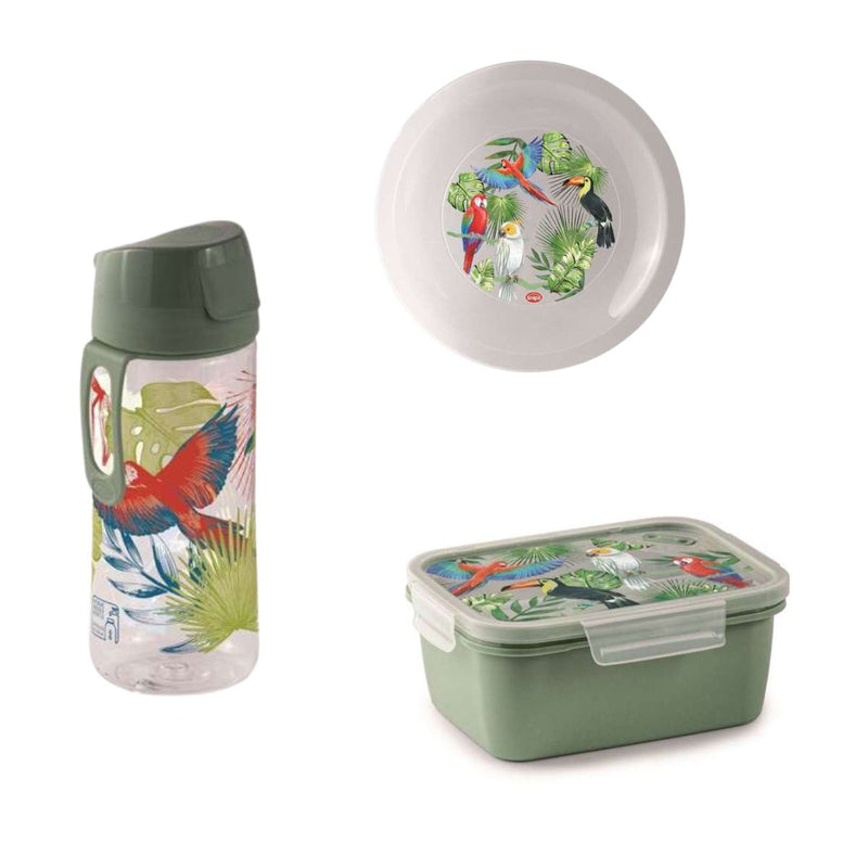 Snips Toucan Adventure Kids Collection:  Flat Plate 23.5 cm, Lunch Box 800 ml, Water Bottle 500 ml - Al Makaan Store