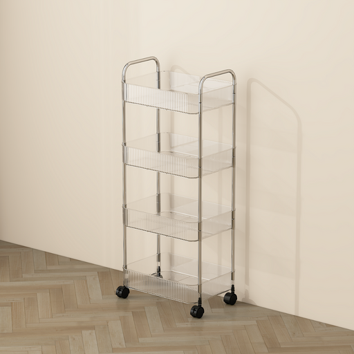 Vague Stainless Steel 4 Tier Transparent Trolley Cart 40 cm x 28.5 cm x 95 cm - Al Makaan Store