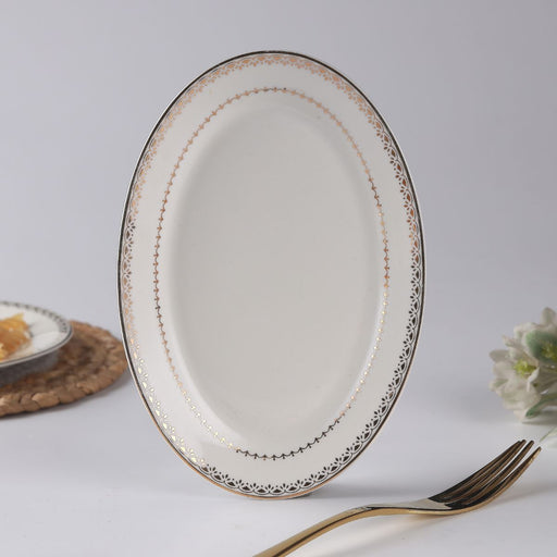 Decopor Bone China Ivory Oval Plate Golden Design - Al Makaan Store