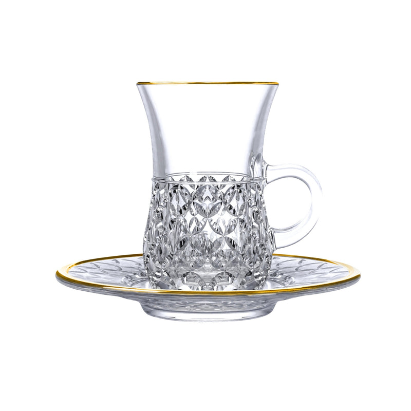 Vague 12 Piece Tea Cups & Saucers Set with Gold Rim Crystal - Al Makaan Store