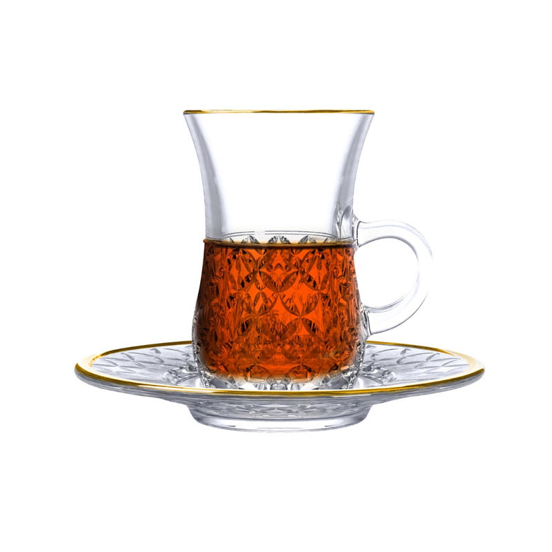 Vague 12 Piece Tea Cups & Saucers Set with Gold Rim Crystal - Al Makaan Store