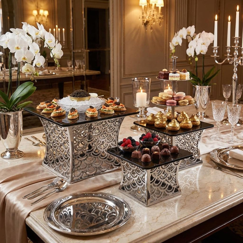 Vague 3 Pcs Luxury Silver Buffet Stand with Black Glass Set