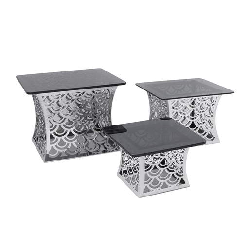 Vague 3 Pcs Luxury Silver Buffet Stand with Black Glass Set - Al Makaan Store