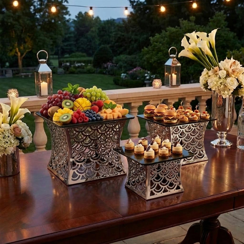 Vague 3 Pcs Luxury Silver Buffet Stand with Black Glass Set