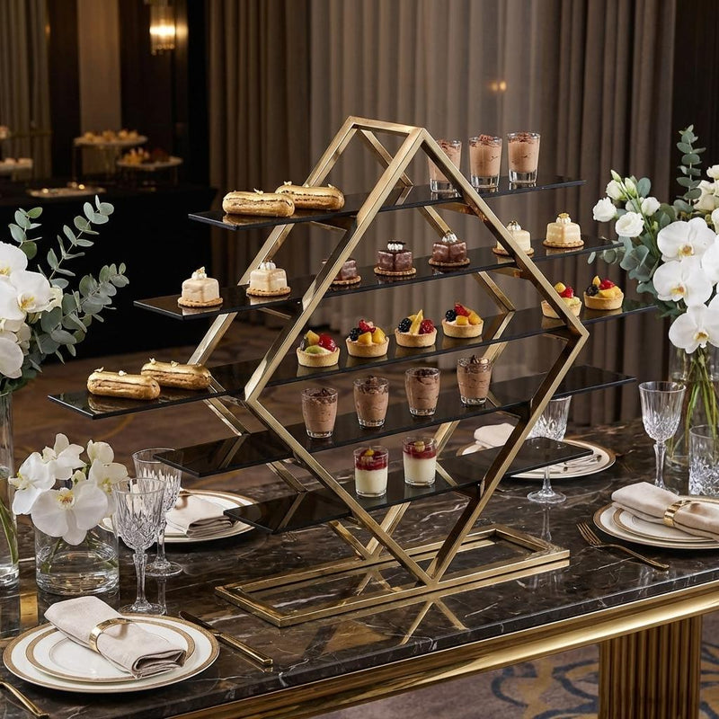 Vague 5 Tier Golden Food Display Stand with Black Glass 70 x 15 x H77 cm