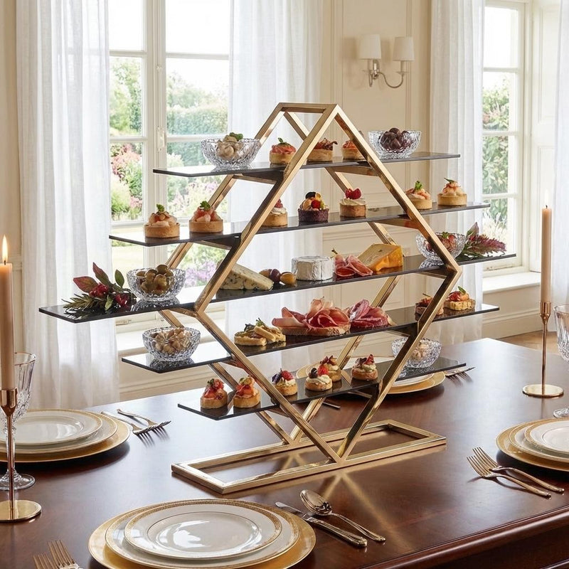 Vague 5 Tier Golden Food Display Stand with Black Glass 70 x 15 x H77 cm