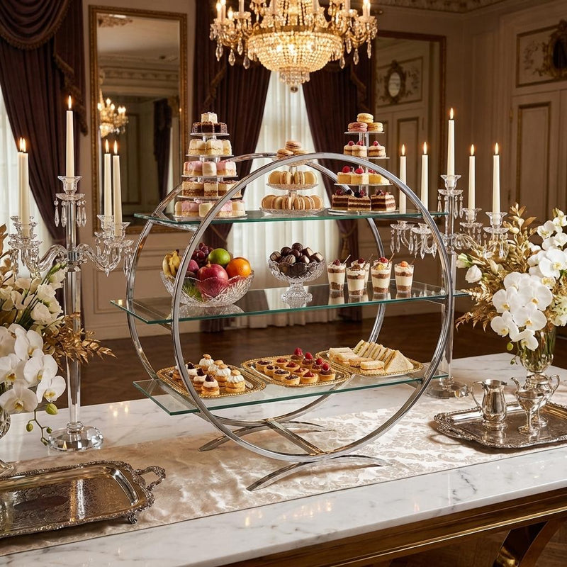 Vague 3 Tier Silver Food Display Stand with Glass 80 x 35 x H83 cm