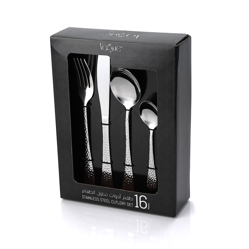 Vague Stainless Steel 16 Pieces Silver Cutlery Set Hammered Design - Al Makaan Store