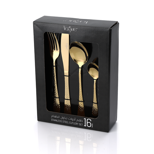Vague Stainless Steel 16 Pieces Golden Cutlery Set Hammered Design - Al Makaan Store