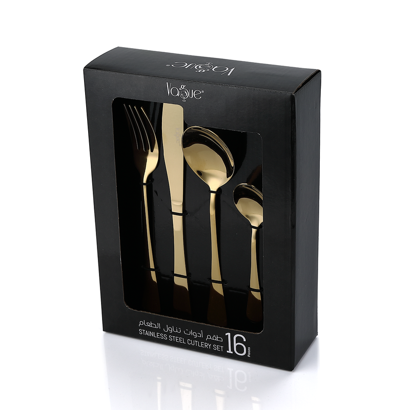 Vague Stainless Steel 16 Pieces Golden Cutlery Set Plain Design - Al Makaan Store