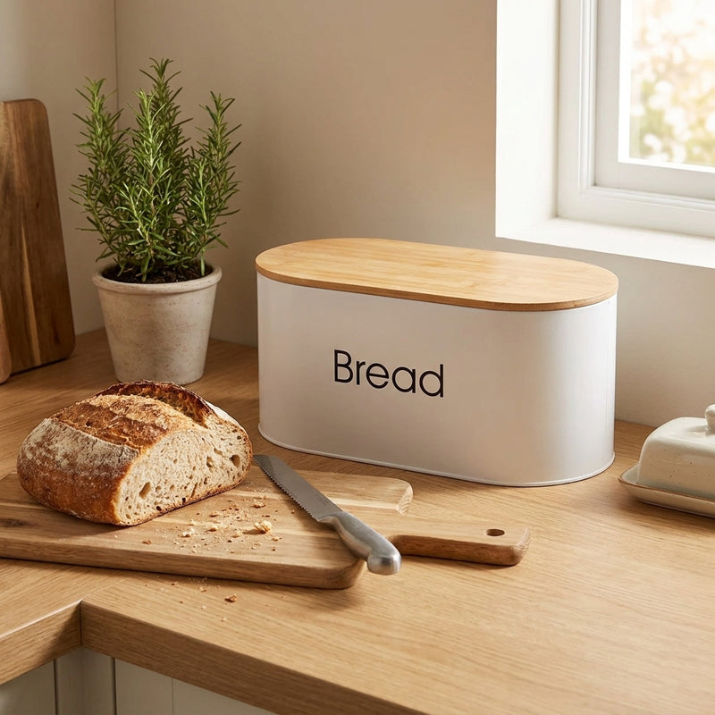 Vague White Rectangle Bread Box with Bamboo Lid 32.5 x 15.5 cm
