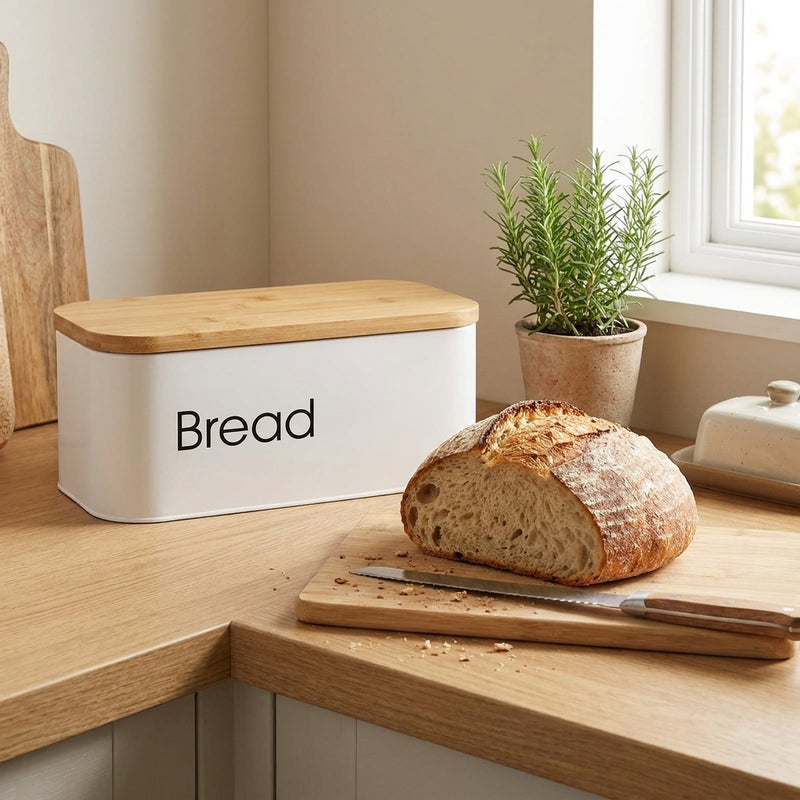 Vague White Rectangular Bread Box with Bamboo Lid 30 x 13 cm