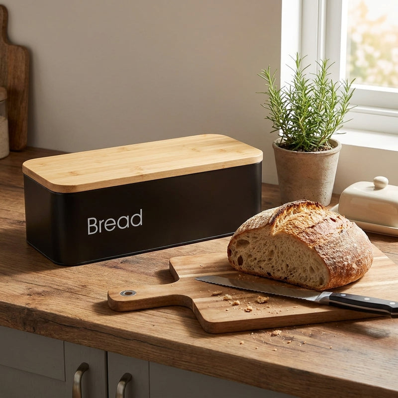 Vague Black Rectangular Bread Box with Bamboo Lid 42.5 × 12.5 cm