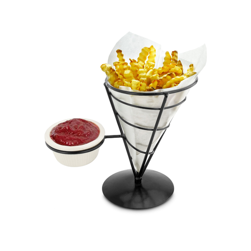 Vague Black French Fries Cone Wire Holder with Sauce Dish Holder D4.7" x H7.3" - Al Makaan Store