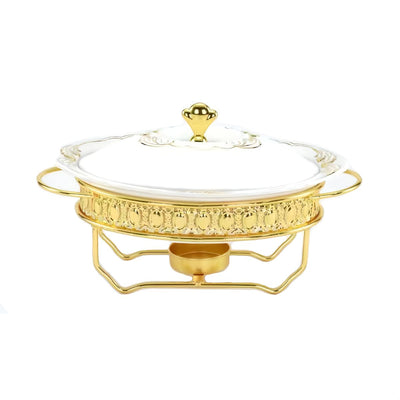 Ceramic Oval Food Warmer with Golden Stainless Steel Stand - Al Makaan Store