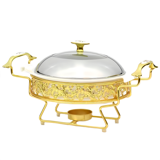 Ceramic Round Food Warmer with Golden Stainless Steel Stand and Lid - Al Makaan Store