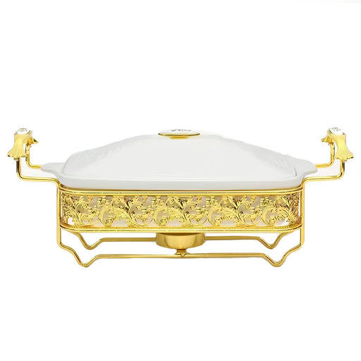 Ceramic Rectangular Food Warmer with Golden Stainless Steel Stand - Al Makaan Store