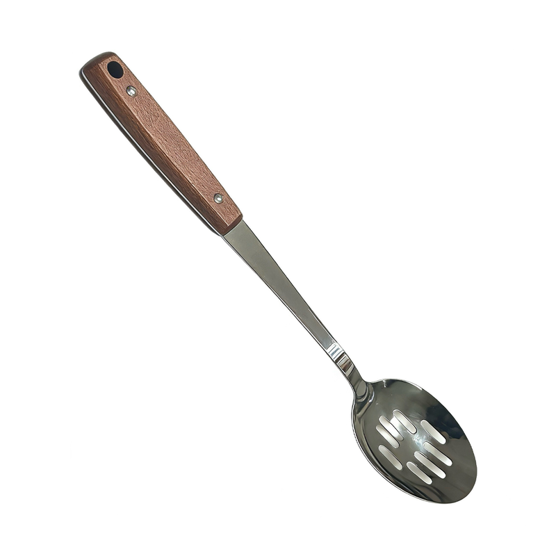 Vague Stainless Steel Slotted Serving Spoon with Sapele Wood Handle- Al Makaan Store