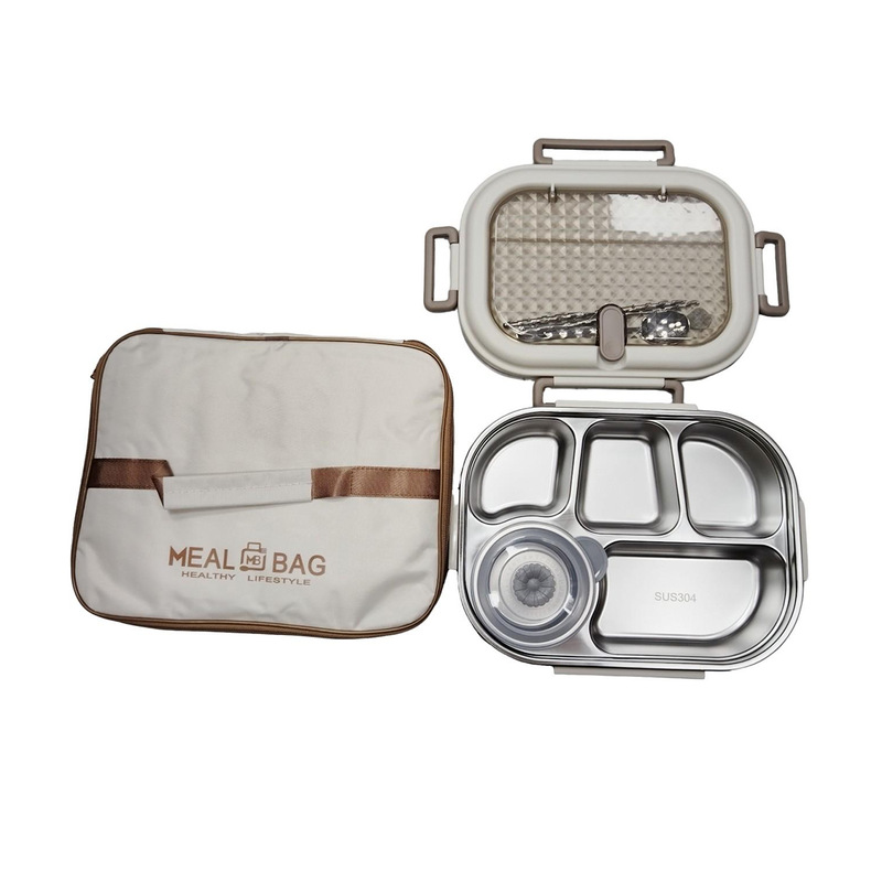 Vague Five Compartment Sealed Stainless Steel Lunch Box with Insulation Bag- Al Makaan Store