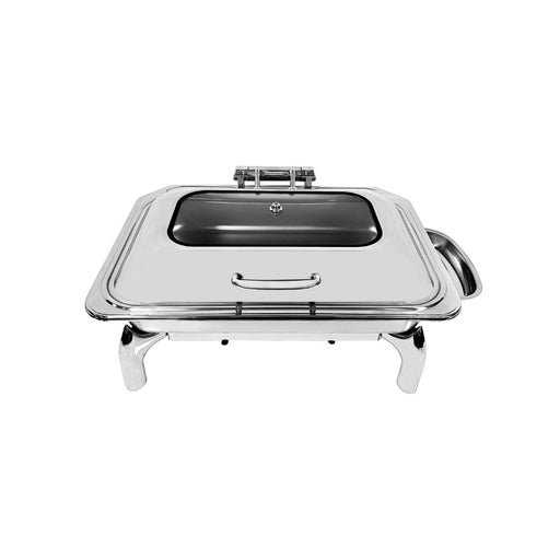 Stainless steel rectangular chafing dish with glass lid.
