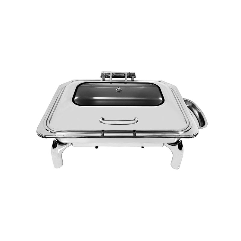 Stainless steel rectangular chafing dish with glass lid.