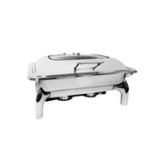 A stainless steel chafing dish with a clear glass lid on a white background.