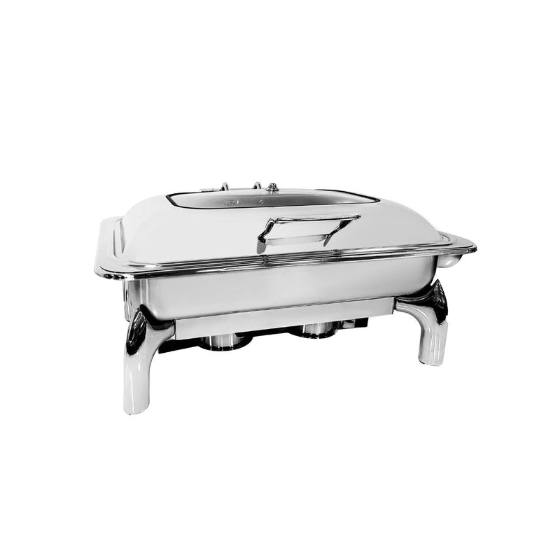 A stainless steel chafing dish with a clear glass lid on a white background.
