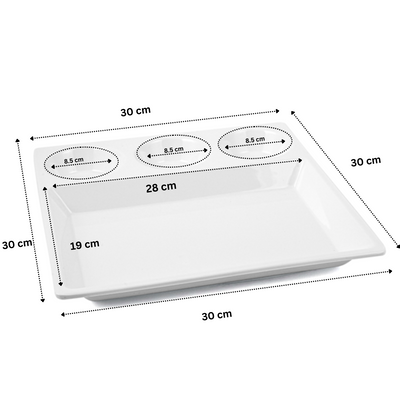 Vague Melamine Square Divided Platter with 3 Round Sauce Compartment 29 cm