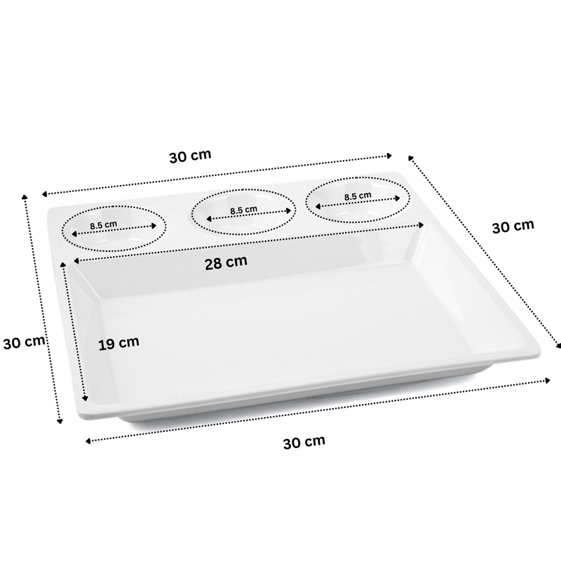 Vague Melamine Square Divided Platter with 3 Round Sauce Compartment 29 cm