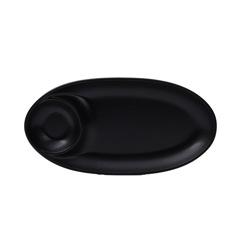 Vague Melamine Oval Platter with Sauce Hole Black Matt Finish - Al Makaan Store