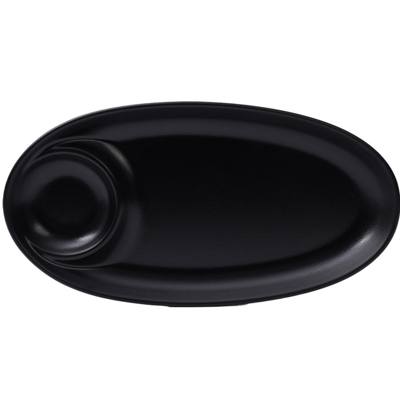 Vague Melamine Oval Platter with Sauce Hole Black Matt Finish - Al Makaan Store