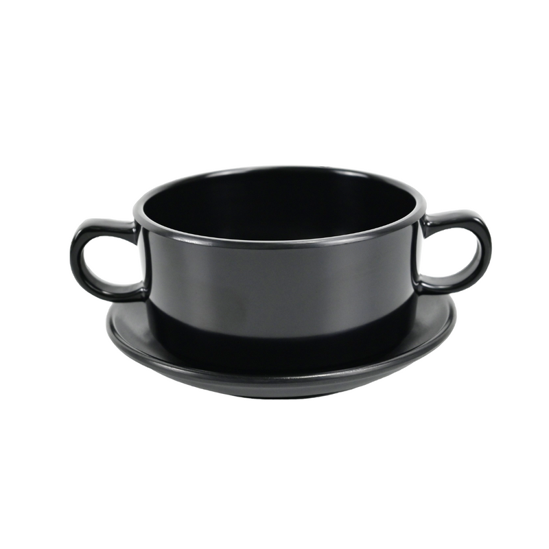 Vague Black Melamine Soup Bowl & Saucer with Handle Set - Al Makaan Store