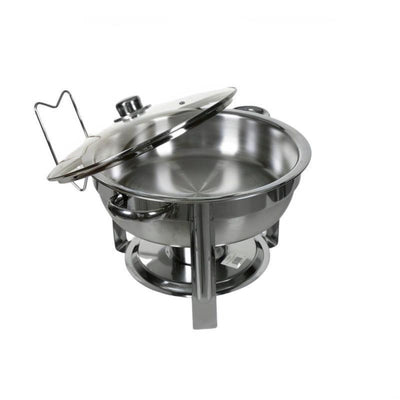 Stainless steel round chafing dish with a glass lid on the top.