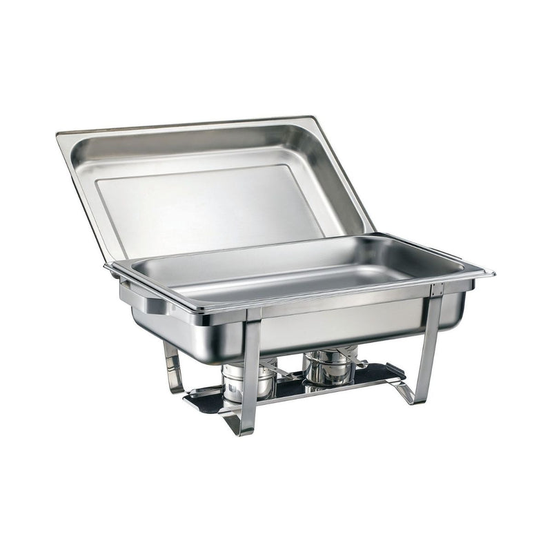 Stainless steel oblong chafing dish with a roll-top lid along with a fuel holder on a white background.