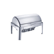 A close-up of a rectangular chafing dish made of shiny stainless steel. The lid is resting on top of the dish.