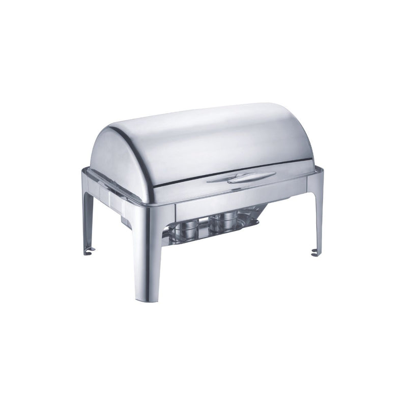 A close-up of a rectangular chafing dish made of shiny stainless steel. The lid is resting on top of the dish.