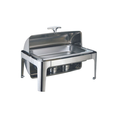  A stainless steel chafing dish with a polished finish and a lid resting on top. The chafing dish is centered on a white background.