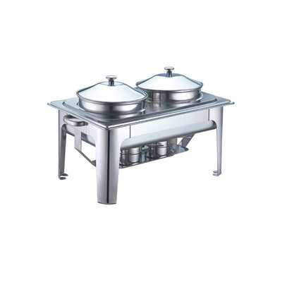 A stainless steel chafing dish with a polished finish and a removable lid with white background. A metal fuel holder with a burning fuel canister is positioned underneath the chafing dish.