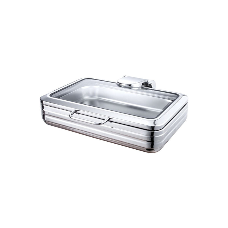 Close-up view of a rectangular stainless steel chafing dish with a polished silver finish. The lid contains a clear glass window.